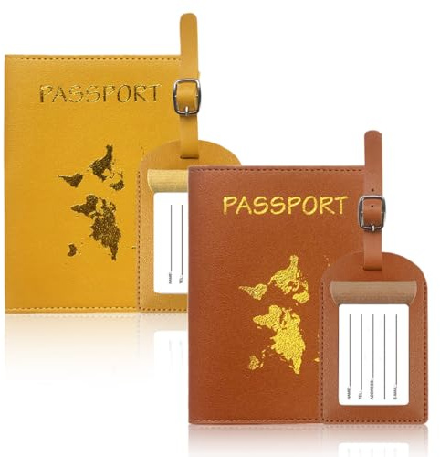AUEFUDQ Reisepasshülle, 4 Stücke Passport Holder Und Kofferanhänger Set, Pu Leather Gepäckanhänger Passport Cover Für Kreditkarten Ausweis Und Reisedokumente (Gelb, Braun)
