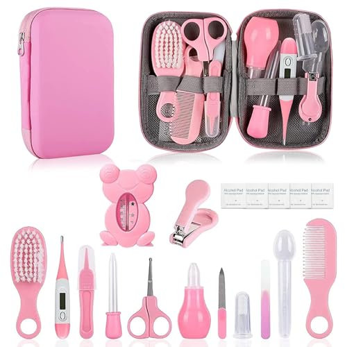 MEETOZ Baby Healthcare and Grooming Kit, 19 in 1 Infant Safety Care Set with Hair Brush Comb Nail Clipper Nasal Aspirator, Baby Essentials Kit for Newborn Girls Boys (Pink)