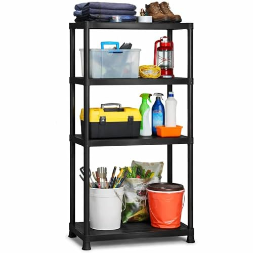 DUAS 4-5 Tier Plastic Shelving Rack Storage Unit Heavy-Duty Racking Shelves for Home, Office, Garage, Utility Room, Workshop, Black, Easy Assembly (1, 4 Tier)