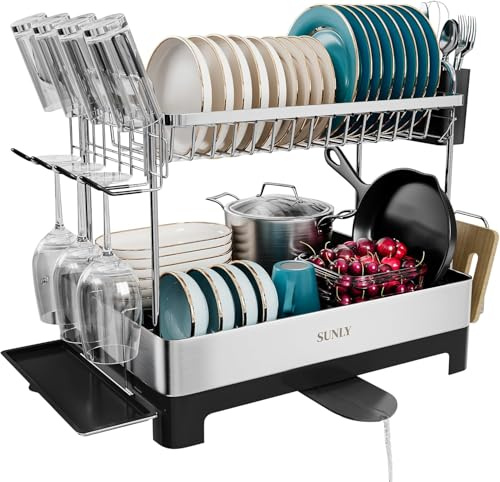 SUNLY 2 Tier Dish Drying Rack, Extra Large Dish Rack, Multifunctional Large Dish Drainers for Kitchen Counter, 304 Stainless Steel Kitchen Drying Rack, Extendable Drain Spout, Black