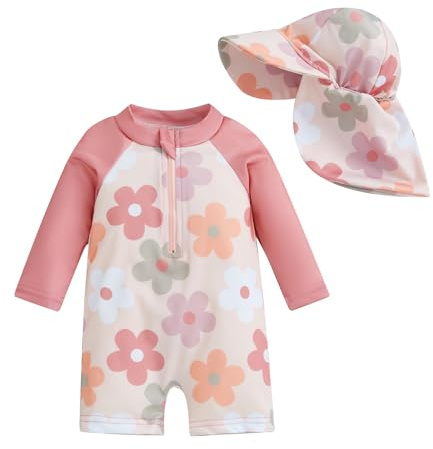 Geagodelia Baby Girl Swimsuit with Hat | UV Protection, Zip Up Long Sleeve Swimming Costume with Shorts, One Piece Swimwear for 3 Months - 5 Years Kid Girls