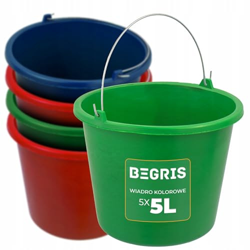 BEGRIS® BAU- UND HAUSHALTSEIMER FARBIG 5L 5 STÜCK Runde Eimer Starker Kunststoffeimer für Bau, Haus, Garten Behälter mit Metallgriff