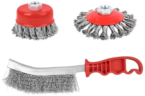 Set di 3 spazzole metalliche con attacco filettato M14, in filo di acciaio HSS ondulato, per metallo e pietra, per la pulizia, disincrostazione, sbrinamento e rimozione della ruggine