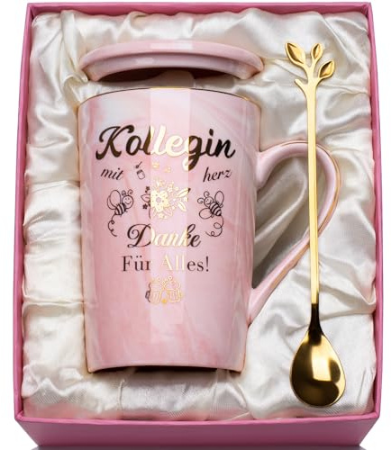 Geschenk Kollegin Weihnachten Tasse Marmor Keramiktasse 400ml, Abschiedsgeschenk Kollegin, Geschenke für Kollegi-n Tasse Geschenk Abschied Kollegi-n mit Deckel, Löffel, Geschenkbox