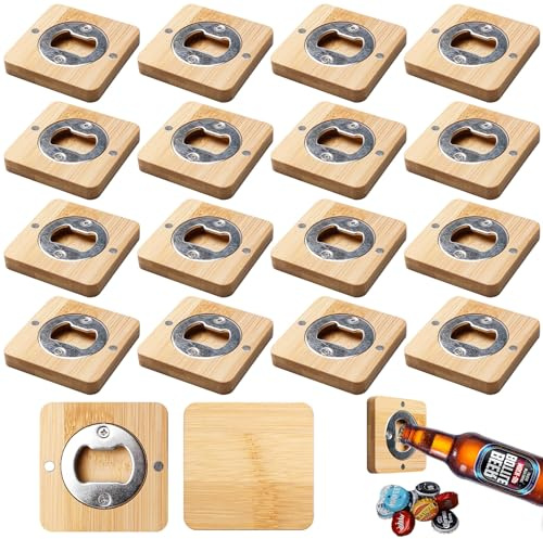 Behogan - Abrebotellas magnéticas de madera cuadrada de bambú (16 unidades, abrebotellas personalizadas, ideal para hombre