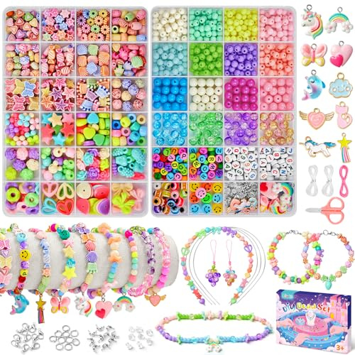 Bridokit Perlen für Armbänder, Armbänder Selber Machen Kinder ab 3 Jahre | 2 Boxen mit 4 Verschiedene Arten von Perlen Zum Auffädeln, Macaron-farbenen Perlen, Geschenk Mädchen Bastelset ab 4, 5 Jahre