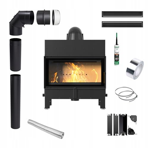 Camino a legna in acciaio Floki nero, 10 kW ∅200 BImSchV 2 efficienza 83% inserti camino in legno, gamma di potenza 4-13 kW, inserto tradizionale per camino, set completo con accessori