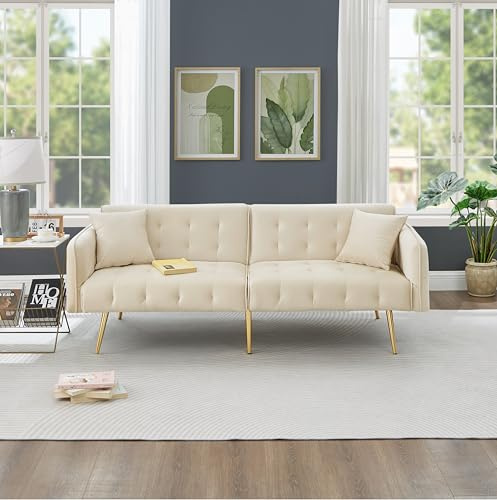 LANTRO JS Schlafcouch, Klappsofa Kombiniert mit 3-Stufiger Rückenlehne und 7-Stufen-Armlehnen, Heimsofa für Kleine Wohnungen Oder Wohnheime, Beige