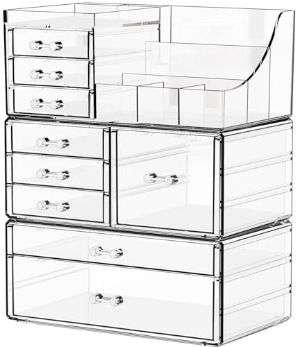 Yieach 3 Pack Clear Makeup Organizer Countertop for Dresser,Vanity and Bathroom Counter Organizer,Tiered Stackable Makeup Acrylic Organizers with 9 Drawer for Skincare,Brush and Make up Holders