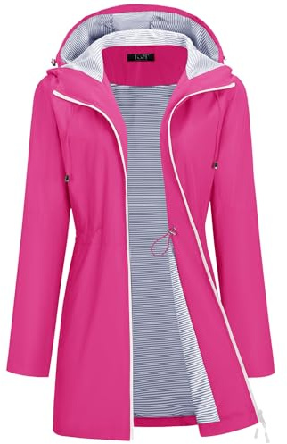 TCOT Rain Jacket Women Long Raincoats Waterproof Hooded Trench Coats Lined Hiking Windbreaker Travel Jackets Fuchsia L