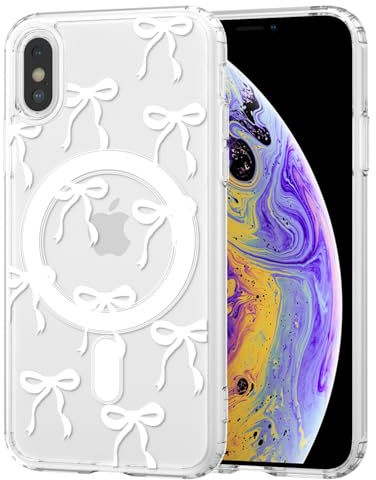 TVVTPU Magnetisch Hülle für iPhone X/XS Kompatibel mit MagSafe, Aesthetic Schleifen Muster Handyhülle Nie Vergilbung Dünne Transparent Hard PC Rückseite Stoßfest Kratzfest Schutzhülle Case, Weiß