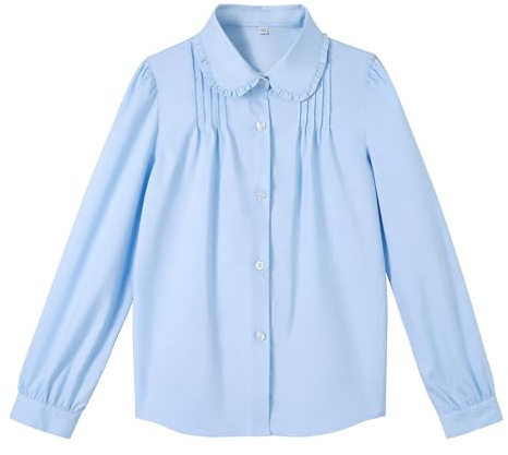 LOLANTA Camicia per Bambine a Maniche Lunghe con Colletto Peter Pan Arricciato, Misto Poliestere Cotone, Camicia da Uniforme Scolastica, Blu (Colletto a Volant), 7-8 Anni, 130
