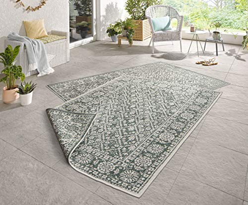 NORTHRUGS In- und Outdoor Teppich Curacao 120x170cm - Wendeteppich Wetterfest Modernes Grafisches Muster für Balkon Terrasse Garten Wintergarten Küche Wohnzimmerteppich Wasserfest in Grün Creme