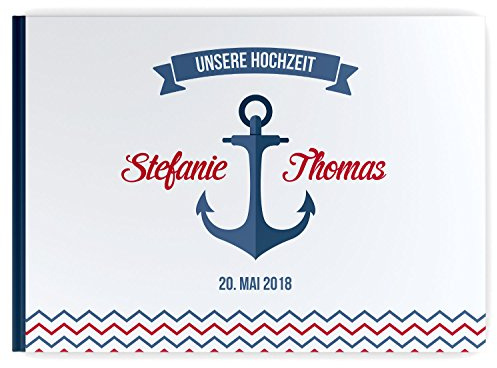 DeinWeddingshop Gästebuch Hochzeit – Personalisiert – Blanko – Maritim Anker – Hochzeitsalbum Hochzeitsbuch Hochzeitsgästebuch (blau/rot)