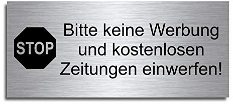 Echtes Edelstahl Türschild Briefkasten-Schild | Größe: 8x3,5 cm  Bitte keine Werbung oder kostenlose Zeitungen  | (D18)