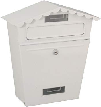 Boîte aux lettres extérieure blanche en acier pour extérieur. Couleur : blanc. Dimensions : 35,5 cm de haut, 33 cm de large en haut, 21,5 cm de large en bas et 13 cm de profondeur.