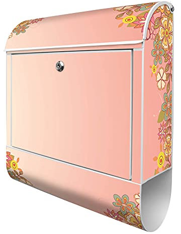 banjado Design Briefkasten WT Lustige Blumen 38,5x46,5x13cm & 2 Schlüssel - Briefkasten Stahl Weiß mit Zeitungsfach pulverbeschichtet - Postkasten A4 Einwurf inkl. Montagematerial