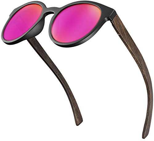 Balinco® Bambus Sonnenbrille mit runden, polarisierten Gläsern - im praktischen Zubehör-Set inkl. Geschenke-Box - mit UV400 Schutz & TAC-Linsen - für Damen & Herren geeignet (Pink verspiegelt)
