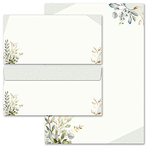 Paper-Media Briefpapier Set, 20 tlg. Blumen & Blüten, GRÜNE ZWEIGE: 10 Blatt Briefpapier + 10 passende Briefumschläge DIN LANG ohne Fenster