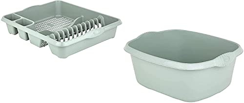 HOMION Plastic Rectangular Washing Up Bowl & Large Dish Drainer Rack Plate Holder Kitchen Sink 2 Pc Set (Sage)