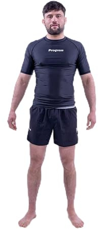 Progress Jiu Jitsu Academy kortärmad Rashguard | Flexibel och hållbar BJJ Rash Guard | Fukttransporterande kompressionstoppar för män och kvinnor | 80 % polyester/20 % spandex svart S