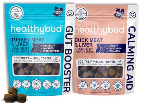 Healthybud Soft Chew Dog Treats and Food Toppers 4.6oz (Turkey Gut Support, Duck Calming Aid)