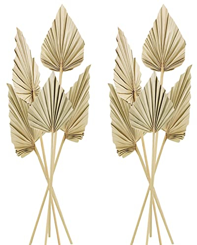 Fuyamp 10pcs Natural Palm Leaves Decor - Small Dried Palm Fan Spear Leaves Plant with Stem for Floral Arrangements, Cake Decorating, Wedding Party