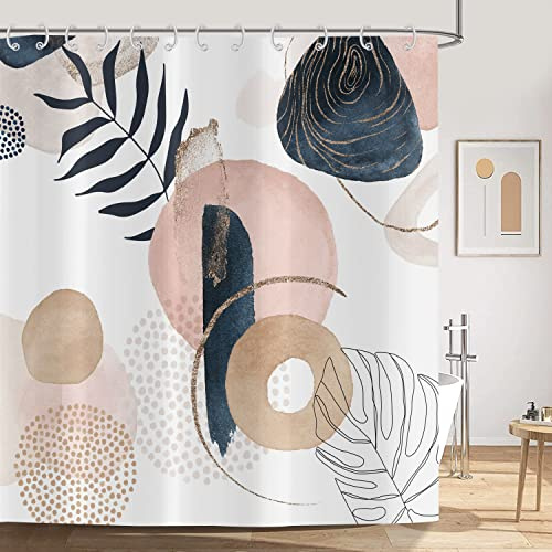 ASDCXZ Boho Style Duschvorhang 180x200 cm, Modern Abstrakt Kunst Blätter Kreisförmig Weiß Bad Waschbar Duschvorhänge Polyester Textil Wasserdicht Duschvorhang für Badewanne mit 12 Haken