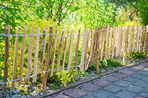 Sevico Staketenzaun imprägniert Haselnuss Holzzaun Haselnussholz Zaunlatte Rollzaun Kastanienzaun Gartenzaun 60 cm x 5m+ Pflock, Lattenabstand: 3-4 cm