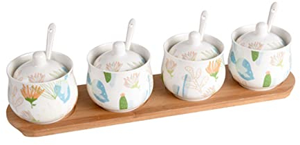 Azucarero de cerámica con tapa, azucarero de porcelana con cuchara, salero pequeño, tarro de almacenamiento, for barra de café, restaurante-blanco-2 juego de tarros ( Color : Flower , Size : 4 Set )