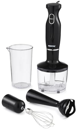 Geepas 4-in-1 Hand Blender with Electric Whisk, 860ML Vegetable Chopper & 600ML Beaker | 200W Stick Blender, Soup Mixer, Hand Immersion blender| Mini Food Processor for Baby Food Soup Fruits Egg Whisk