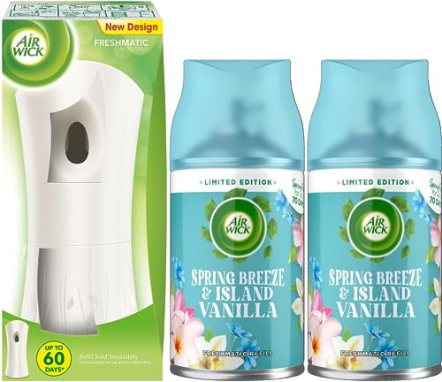 Air Wick | Freshmatic White Gadget (1 devices) + Automatic Air Freshener Spray Refill | 250ml (2 Refills) (Spring Breeze & Island Vanilla)