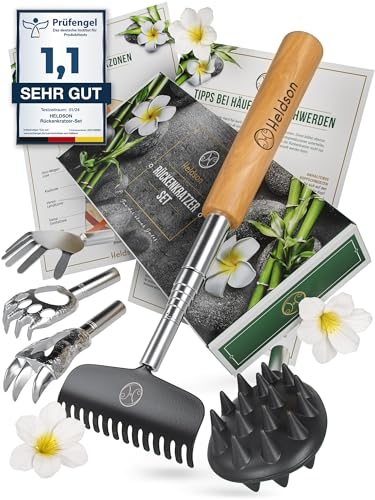 HELDSON® Rückenkratzer Holz [Inklusive 5 Kratzaufsätze] - stufenlos ausziehbar - Wichtelgeschenk - Kratzhand - Back Scratcher - Rücken Massage Kratzer - Geschenk für Senioren, Frauen & Männer