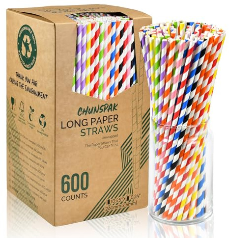 Färgglada långa engångssugrör av papper, 26 x 0,6 cm, 600 stycken – för fester, bröllop, drycker, barer, restauranger