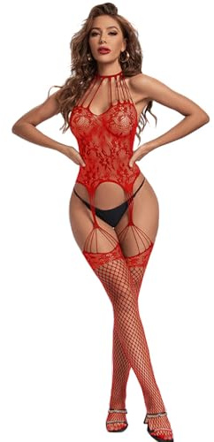HSAJS Lingerie Donna Pizzo Body Intero Rete Completo Intimo Abbigliamento Elegante Bodystocking Trasparente Vestito Sexy Calze a Rete Bodysuit Halter Neck