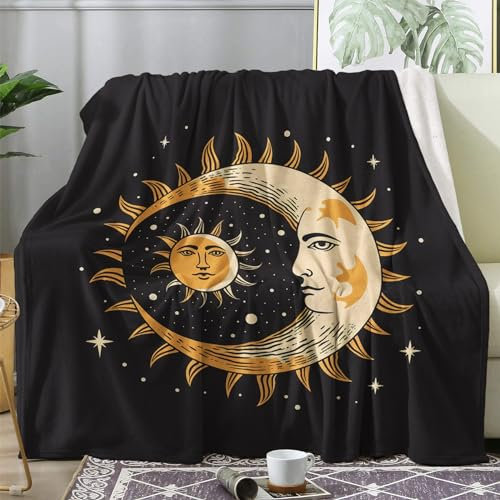 Kuscheldecke Flauschig Sonne Mond und Sterne, Große Decke Fleecedecke 220x240 ästhetik, Flanell Sofadecke Blanket XXL, Wohndecke Schlafdecke Winter Warm Weich, Deko Decken für Couch Bed