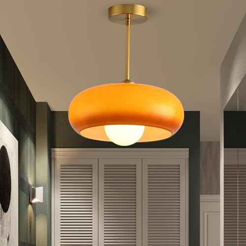 Mid-Century Pendant Lights Orange Ceiling Lights Glass Semi Flush Mount Ceiling Light Metal Ceiling Lamp With Dome Glass Shade Brass Vintage Modern Ceiling Light Fixtures For Hallway Dining Room