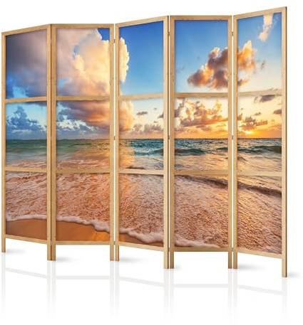 murando - Paravent Raumteiler Holz Botanik Abstrakt, 225x172 cm, 5-teilig | Mobiler Sichtschutz, sofort einsatzbereit, Holzrahmen, ideal fürs Wohnzimmer oder Büro, geruchsneutral, lichtbeständig