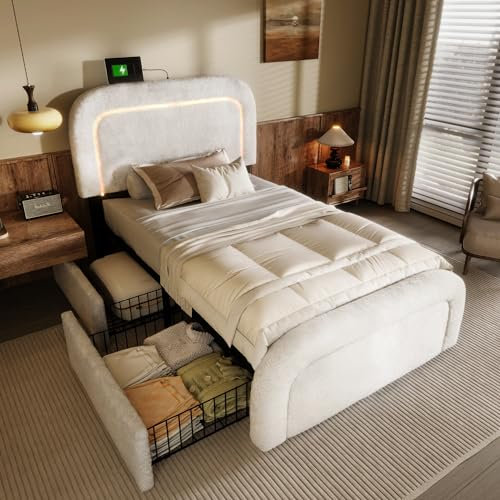 GM Ultra Bettgestell mit Stauraum 90x200cm, Einzelbett mit USB Typ C, LED und 2 Schubladen, Polsterbett mit Kopfteil, Jugendbett Lattenrost aus Holz, Sherp-Weiß (Ohne Matratze)