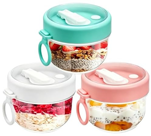 MEETOZ Lot de 3 boites plastiques récipients à avoine de nuit avec couvercles et cuillères, 590 ml hermétiques de grande capacité pour le stockage du lait, des fruits, des céréales et de la salade