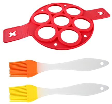 DHSBGWSX 1 stampo per pancake rosso, 2 pennelli da forno, stampo rotondo per pancake a 7 fori in silicone, stampo per uova in camicia, utensili da cucina
