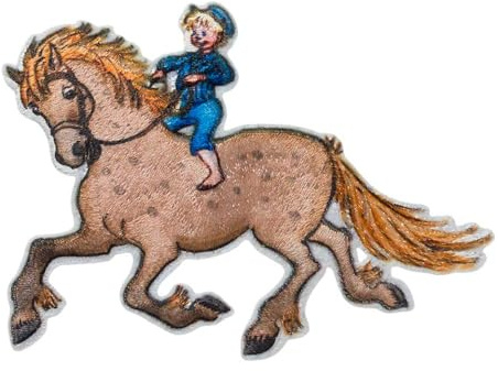 Mono-Quick Michel aus Lönneberga mit Pferd Aufnäher zum Aufbügeln 5,8 x 8 cm Bügelbild für Kinder Mädchen mit Lieblingstier Wild, Bügelpatch Patches Bügelflicken