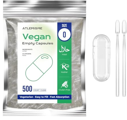 ATLEMISME Cápsulas Vacías Vegetales de HPMC - Tamaño 0, 500 Unidades, Sin Gluten, Sin OGM, Veganas, Ideales para Suplementos de Vitaminas y Minerales
