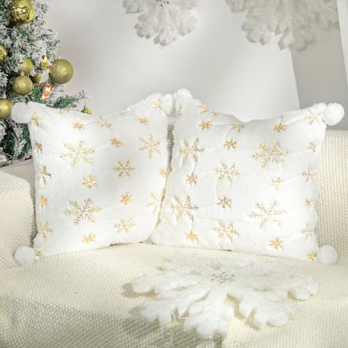 Lewondr Kissenbezug, 45x45CM Satz von 2 Dekorativer Kopfkissenbezug mit Plüsch Ball Luxus Pailletten Bestickt Schneeflocken, Kunstpelz gemütliche weiche Kissenbezug für Bett Home Wohnzimmer, Weiß