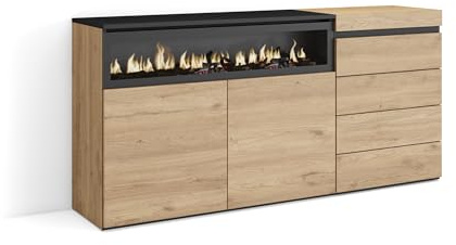 Skraut Home | Aparador | con Almacenamiento | 157x75x35 cm | Dormitorio, habitación | Chimenea eléctrica | Cómoda, Cajonera | Estilo Moderno | Roble