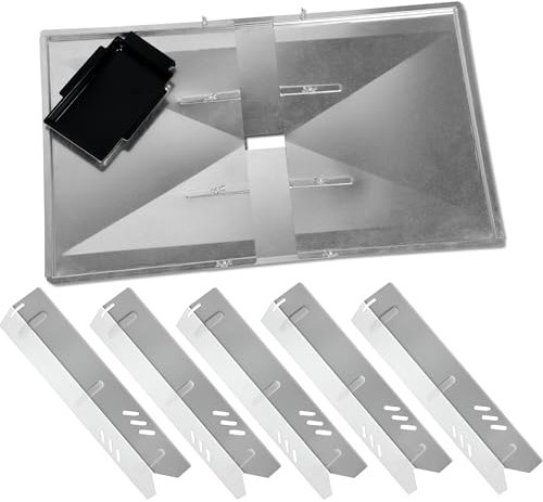 Adjustable Grease Tray (27-30) and 5 Pack 15 inch Heat Plates for Dyna Glo DGF510SBP, DGB515SDP-D, Dyna Glo Grease Pan Replacement, Backyard Grill Replacement Parts 5 Burner, Heat Tent Shields
