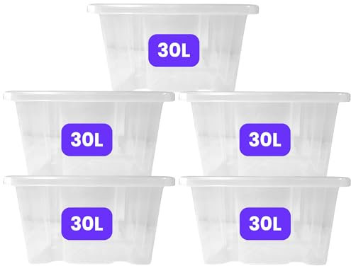 KAPCO 30L Plastic Storage Box with Clear Lid (Pack of 5) | Medium, Stackable, Strong, Durable Clear Box Containers for Home & Office | Multipurpose Storage Tubs | 45 x 35 x 26cm | 30 Litre - 5 Pack