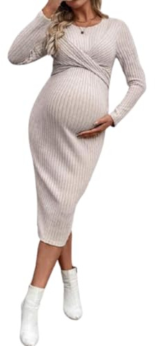 KINLYBO Vestido de maternidad de punto para mujer, manga larga, vestido de embarazo, falda adelgazante, beige, L