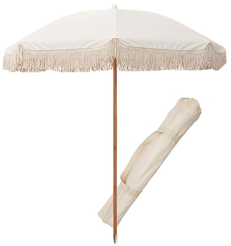 DYPJHEO 2m Beiger Holz Sonnenschirm Gartenschirm Mit Fransen, Sonnenschutz, Wasserfest, Balkon Sonnenschirm fur Garten, Rasen, Terrasse, Hinterhof, Pool, Patio