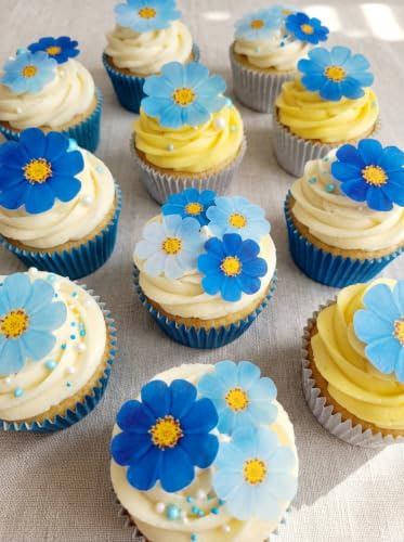 Anglesit Pre-Cut Beautiful Gradient Blue Mixed Size Flowers Edible Rice Wafer Paper Cupcake Toppers Cake Decorations Birthday Wedding Party Celebration (Blue)